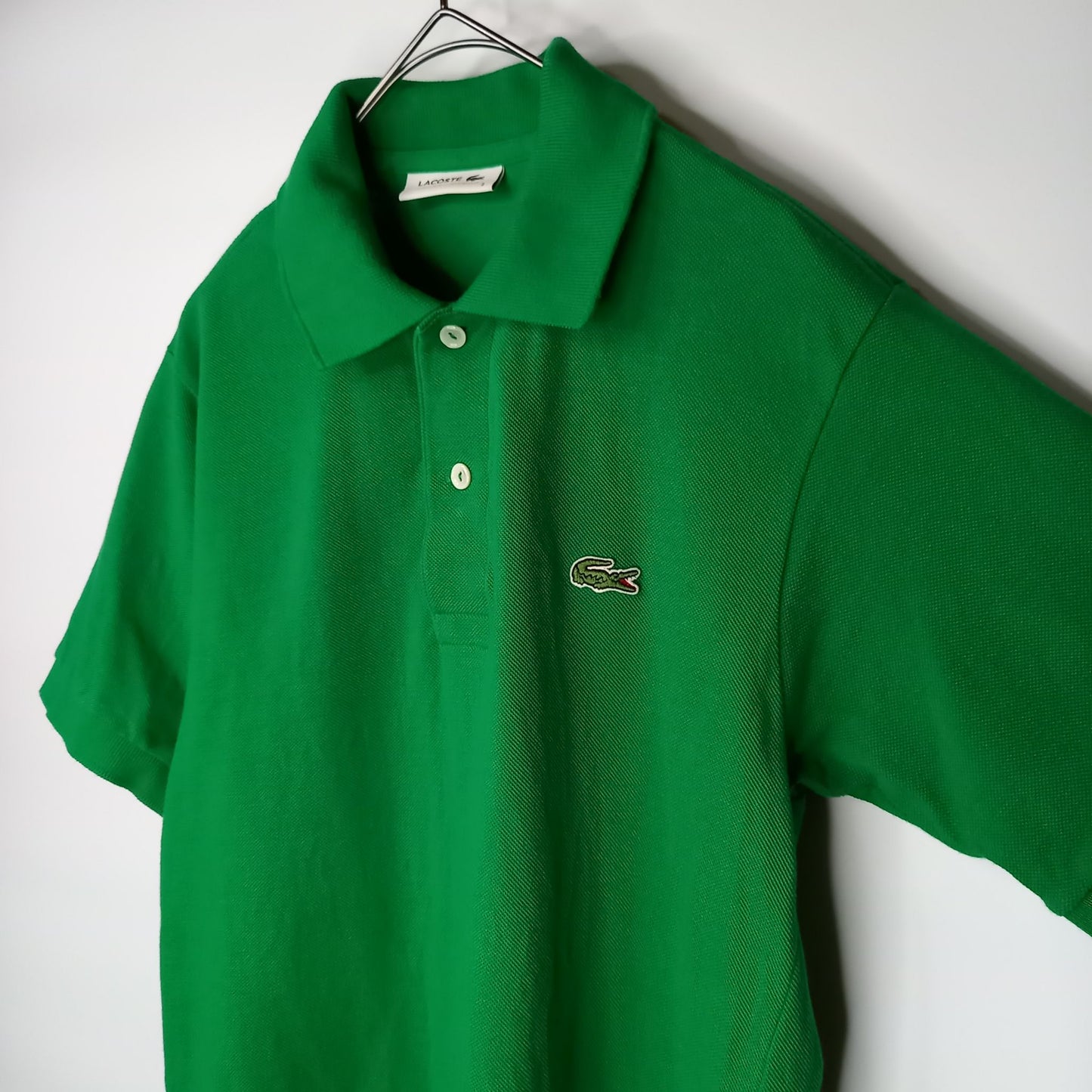 日本製　ラコステ　ポロシャツ　半袖　刺繍ロゴ　ファブリカ　シェルボタン　緑　2