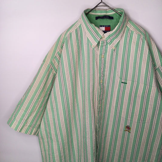 90s　トミーヒルフィガー　シアサッカー　BDシャツ　半袖　刺繍ロゴ　ストライプ