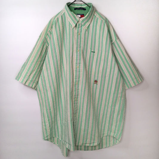 90s　トミーヒルフィガー　シアサッカー　BDシャツ　半袖　刺繍ロゴ　ストライプ