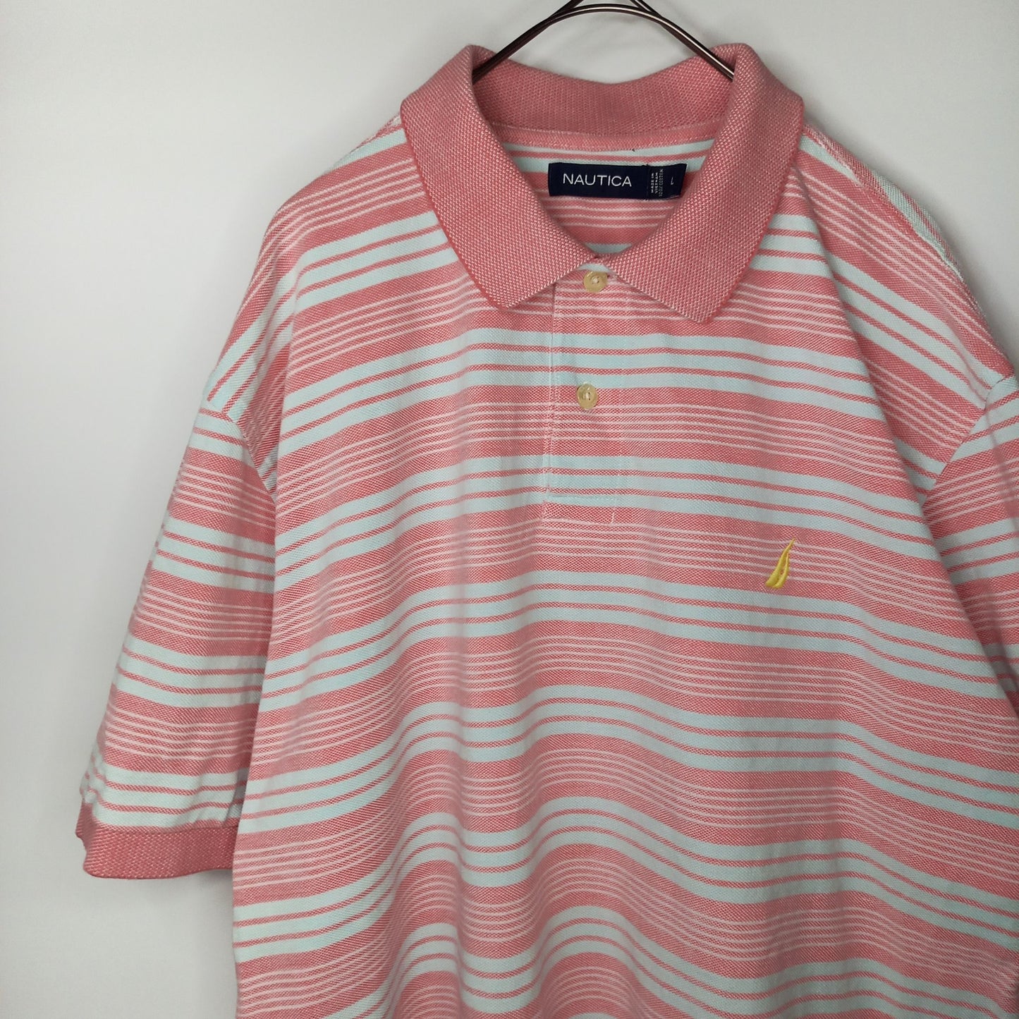 ノーティカ　ラガー　ポロシャツ　半袖　刺繍ロゴ　ボーダー　ピンク　メンズ　L