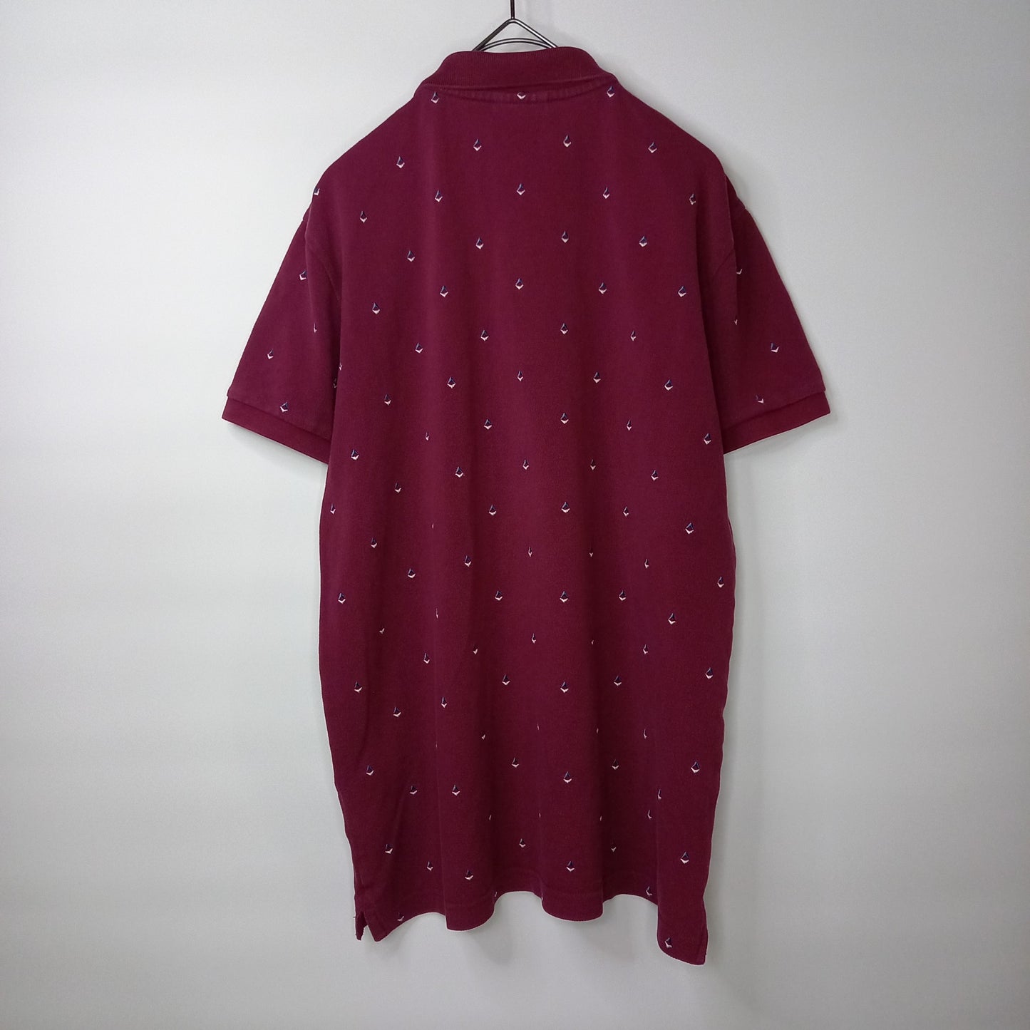 韓国製　ラコステ　ポロシャツ　半袖　シェルボタン　刺繍ロゴ　総柄　赤　紫