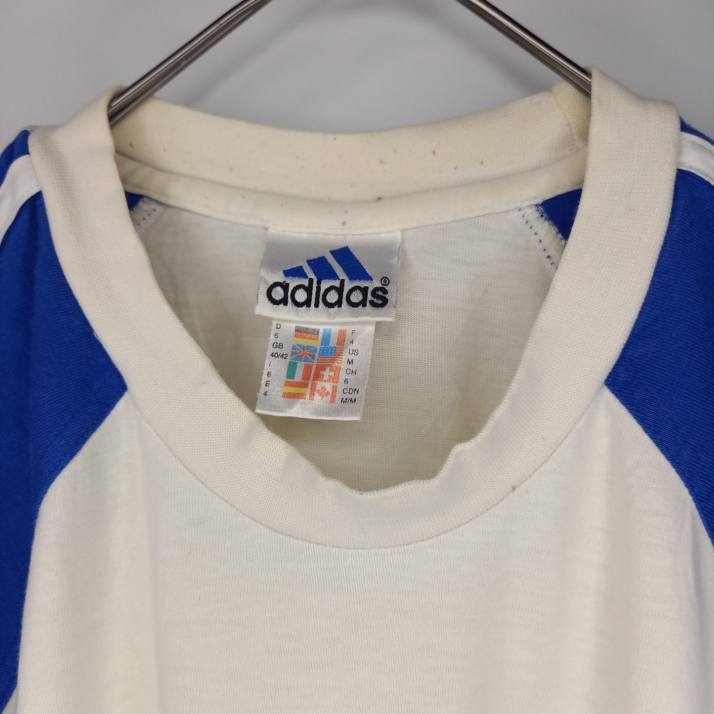90s　アディダス　ラグランTシャツ　半袖　ストライプ　刺繍ロゴ　白　青