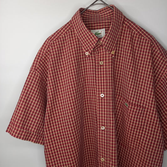 ラコステ　BDシャツ　半袖　ボタンダウン　S/S　チェック　刺繍ロゴ　赤