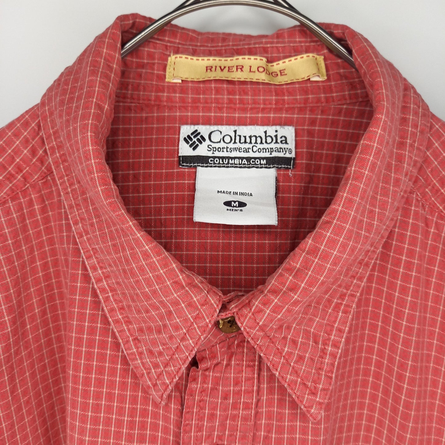 00s　コロンビア　S/Sコットンシャツ　半袖　チェック　インド綿　クルミボタン