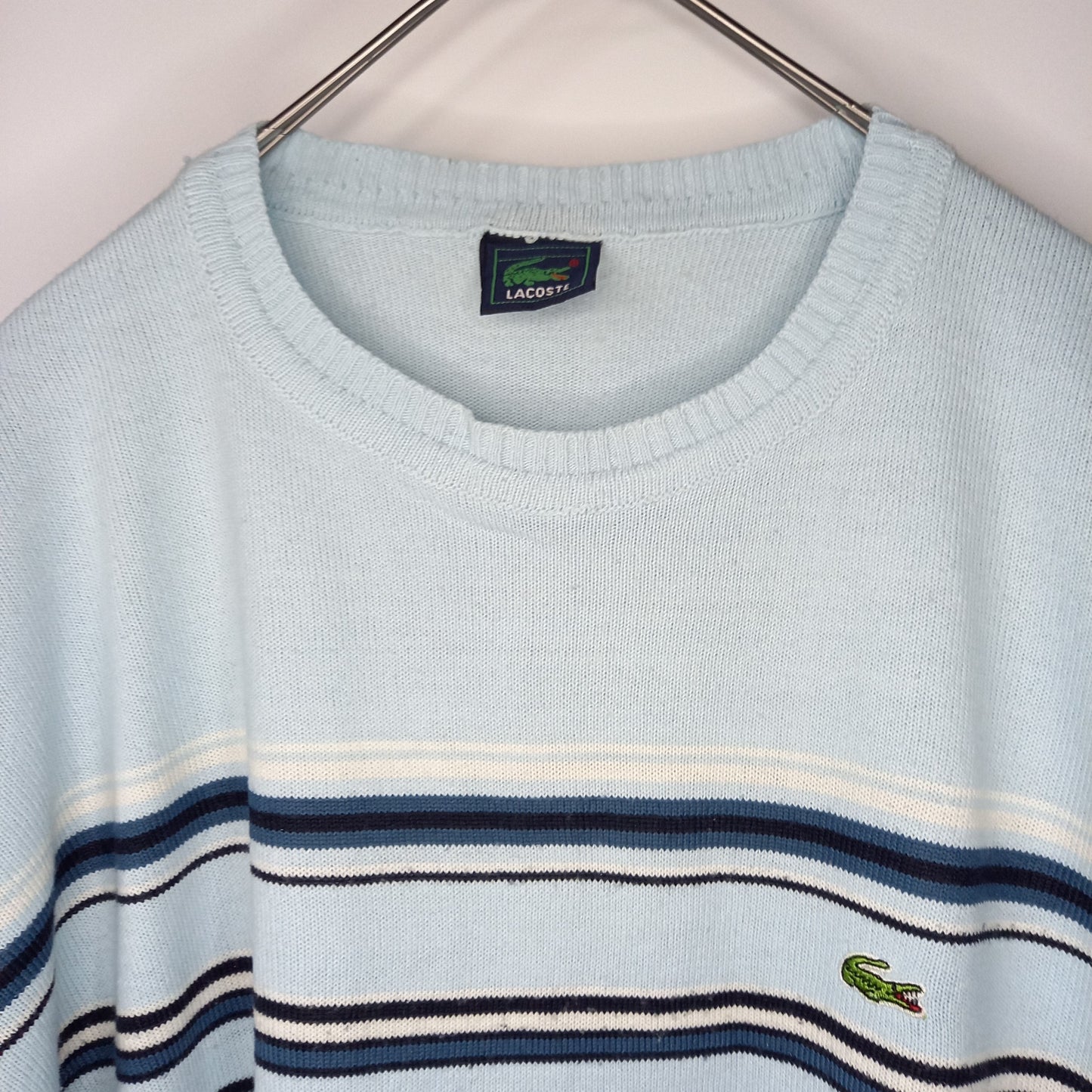 90s　ラコステ　クルーネック　アクリル　ニット　セーター　刺繍ロゴ　マルチ