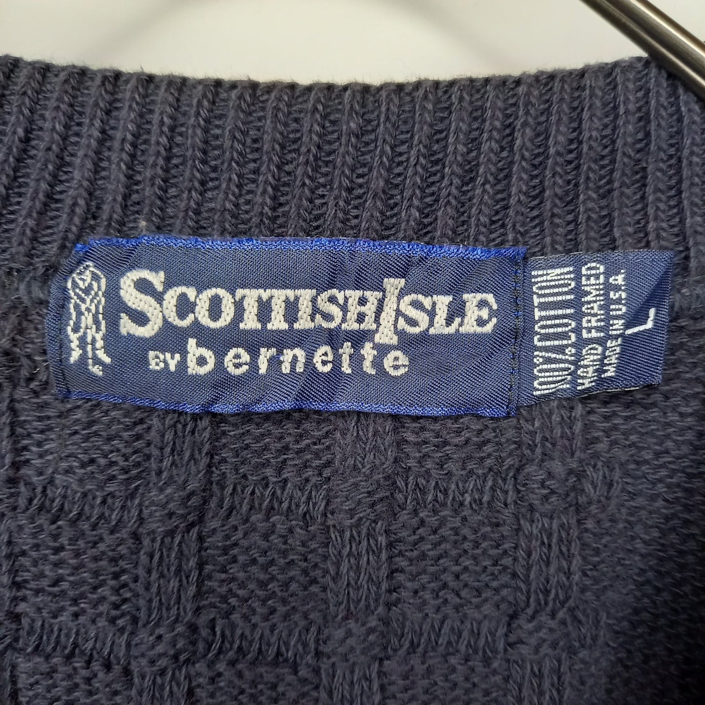 90s　アメリカ製　ハンドメイド　ニット　SCOTTISH ISLE　Vネック　3Dニット　セーター　刺繍ロゴ　ゴルフ　ネイビー　L