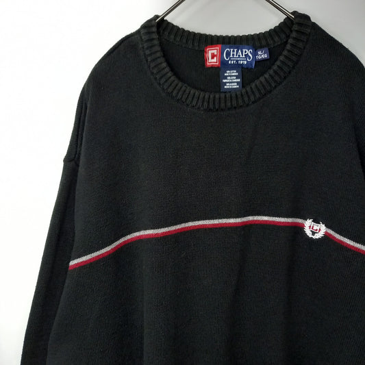 チャップス　クルーネック　コットンニット　セーター　刺繍ロゴ　オーバーサイズ　ブラック　XL