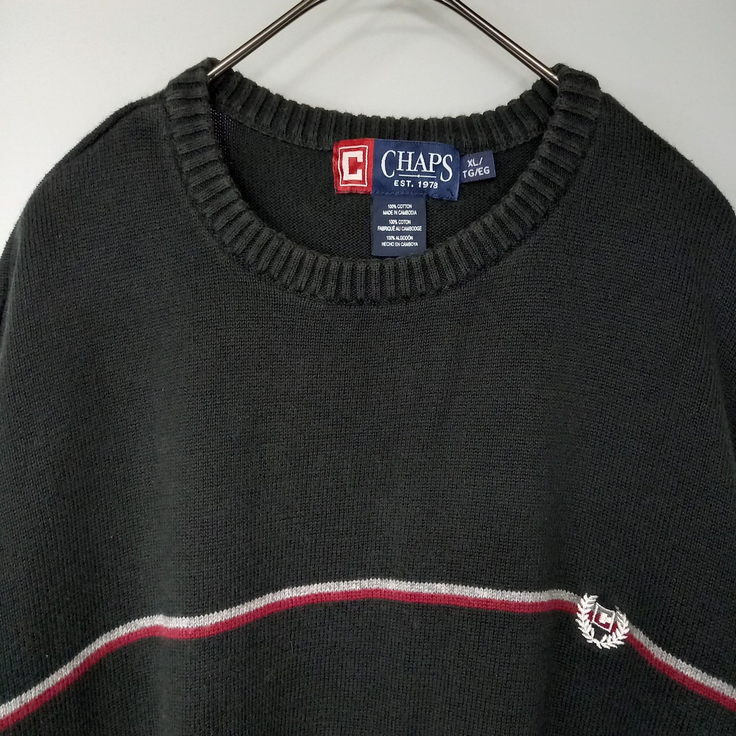 チャップス　クルーネック　コットンニット　セーター　刺繍ロゴ　オーバーサイズ　ブラック　XL