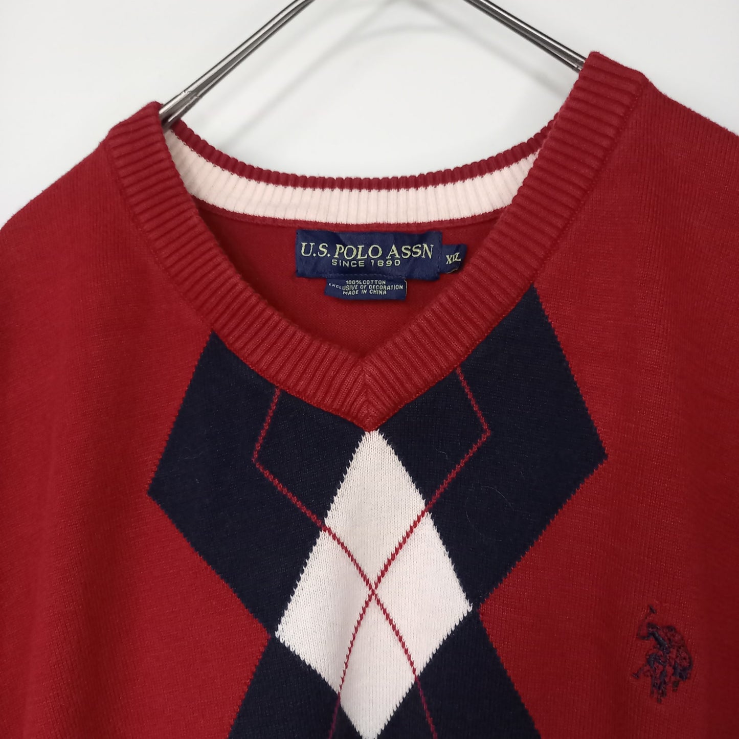 U.S. POLO ASSN.　Vネック　コットン　ニットベスト　セーター　刺繍ロゴ　アーガイル　オーバーサイズ　レッド　XXL