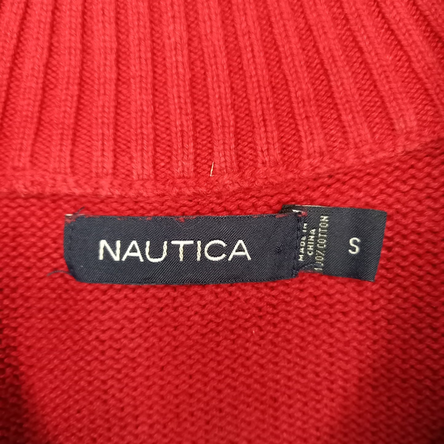 NAUTICA　ハーフジップ　ミドルゲージ　コットンニット　セーター　ボーダー　中厚手　刺繍ロゴ　レッド　S
