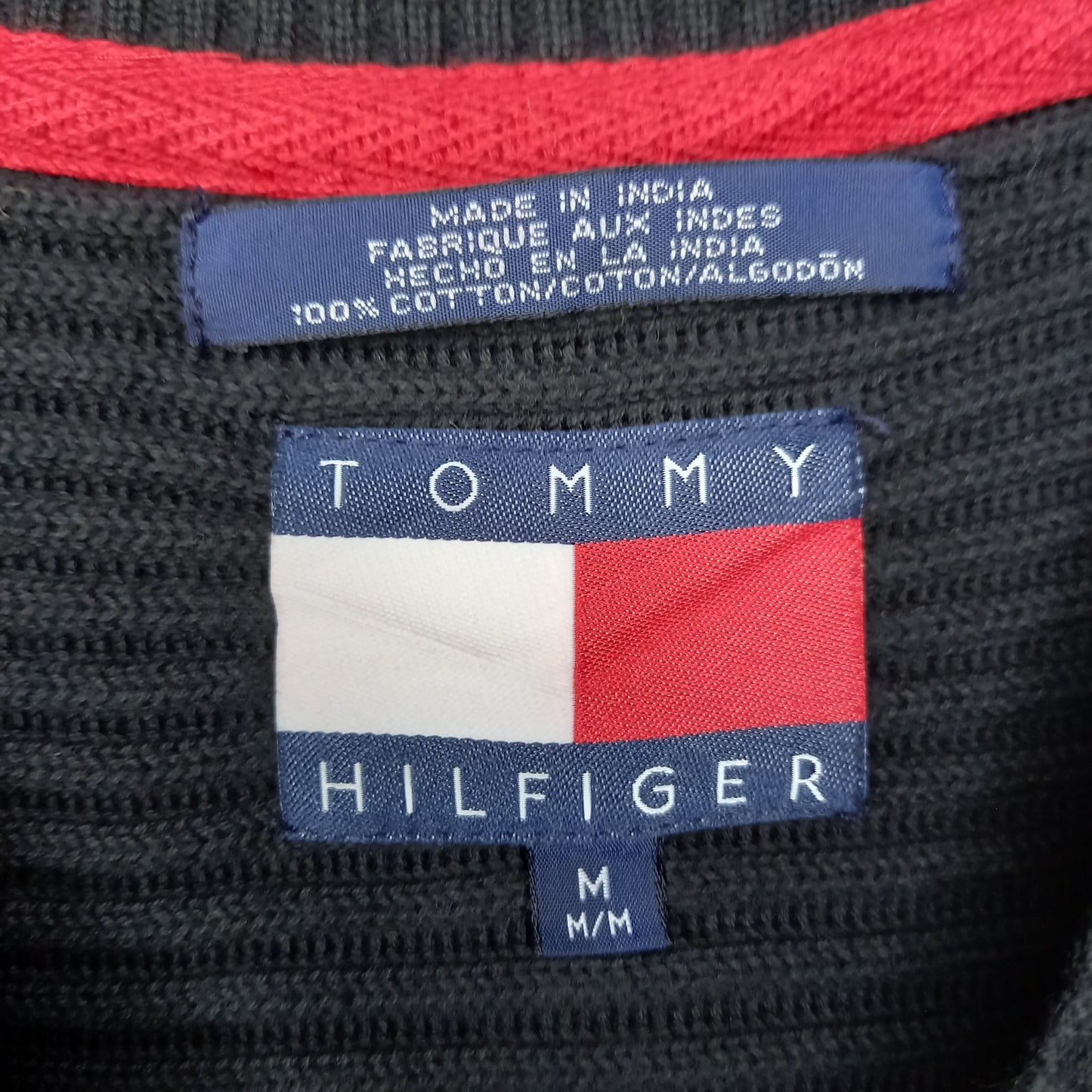 トミーヒルフィガー　畦編み　コットンニット　セーター　長袖　中厚手　ミドルゲージ　無地　ブラック　M