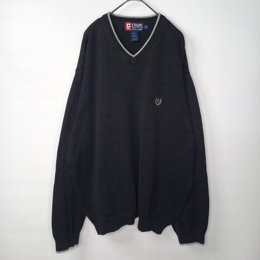 チャップス　Vネック　コットンニット　セーター　刺繍ロゴ　ブラック　L/G