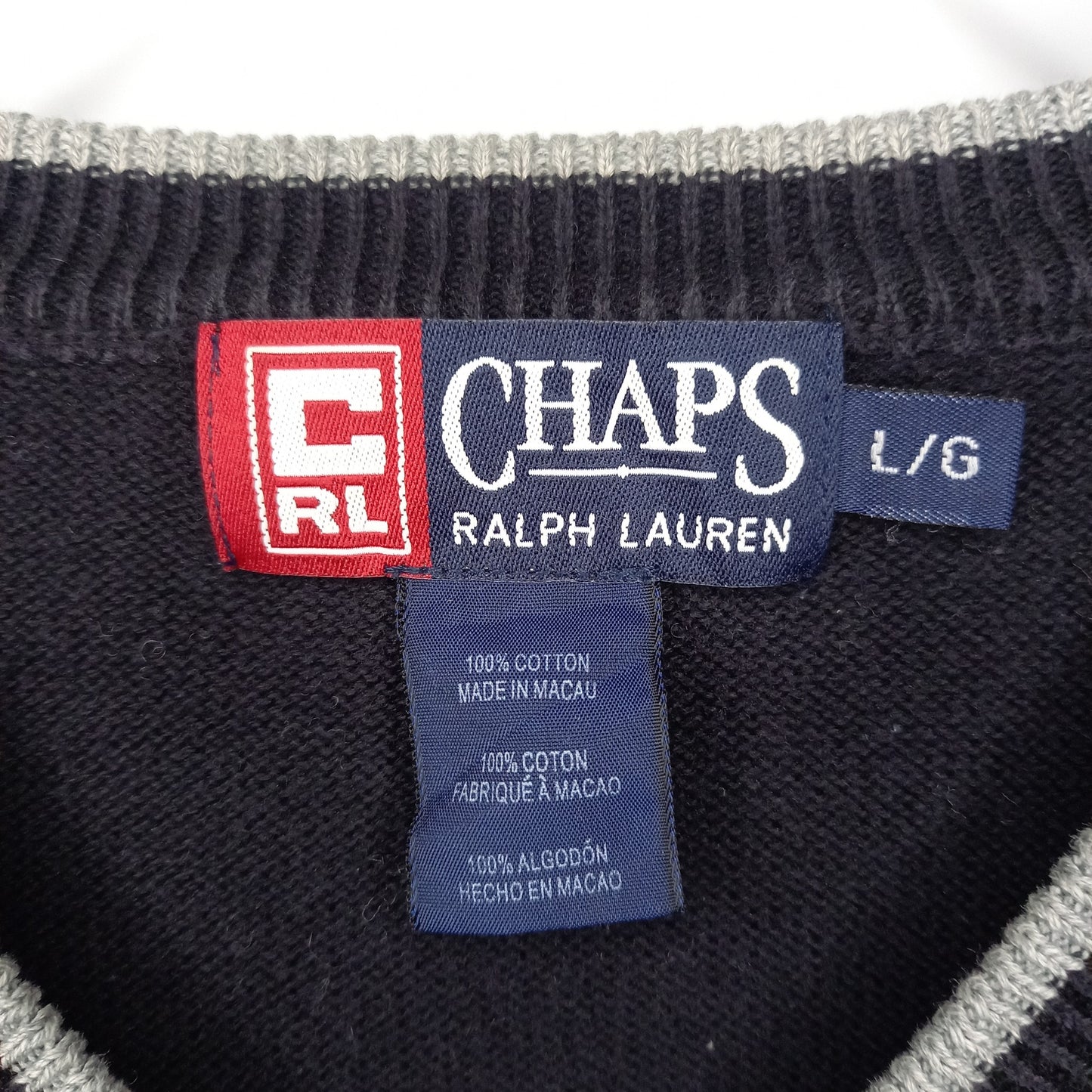 チャップス　Vネック　コットンニット　セーター　刺繍ロゴ　ブラック　L/G