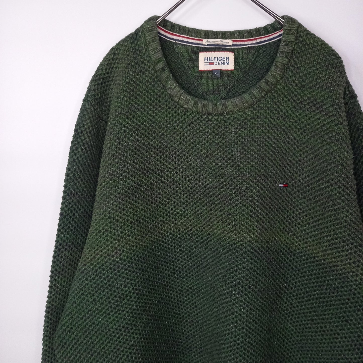 ヒルフィガーデニム　コットンニット　セーター　ワッフル　刺繍　オリーブ　XL