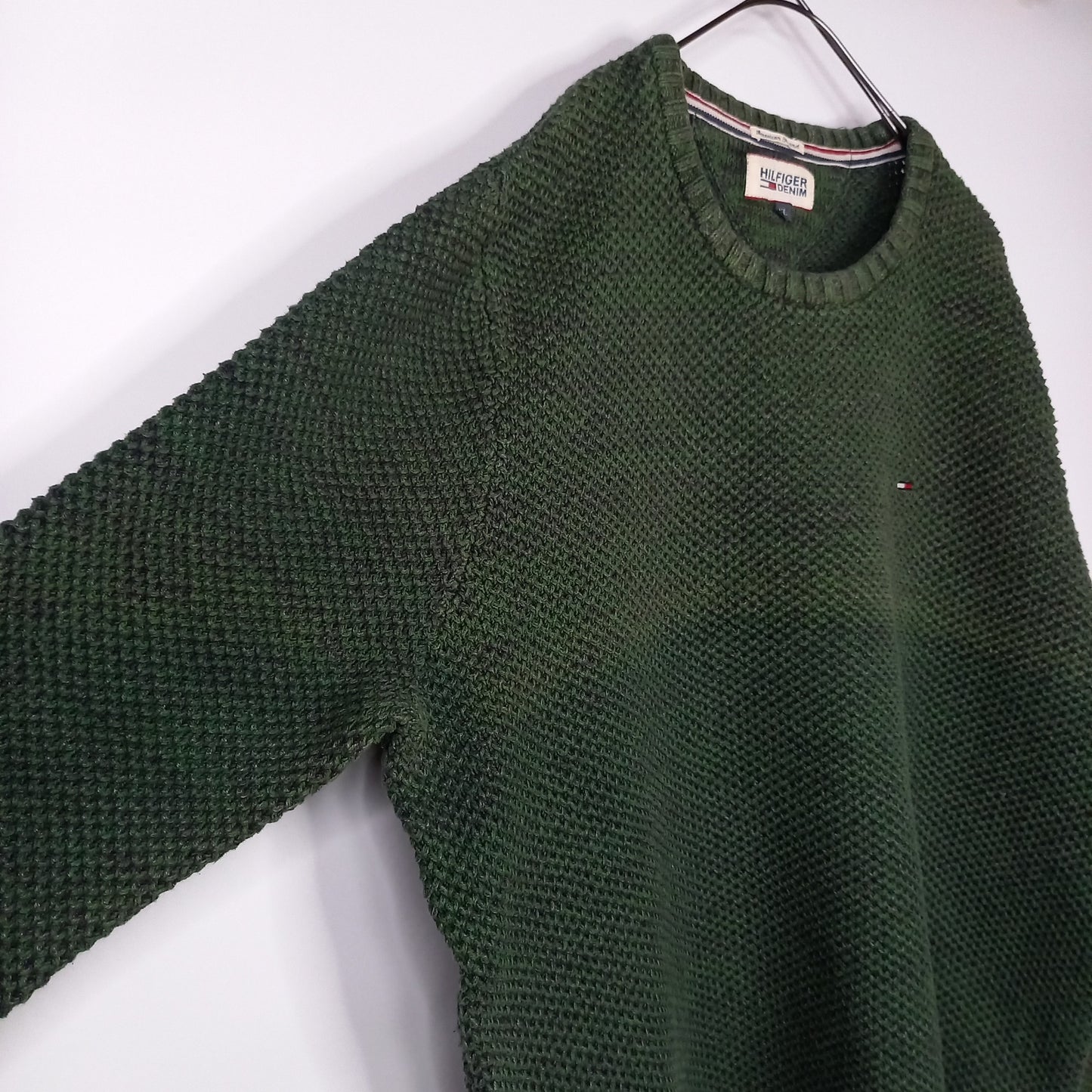 ヒルフィガーデニム　コットンニット　セーター　ワッフル　刺繍　オリーブ　XL