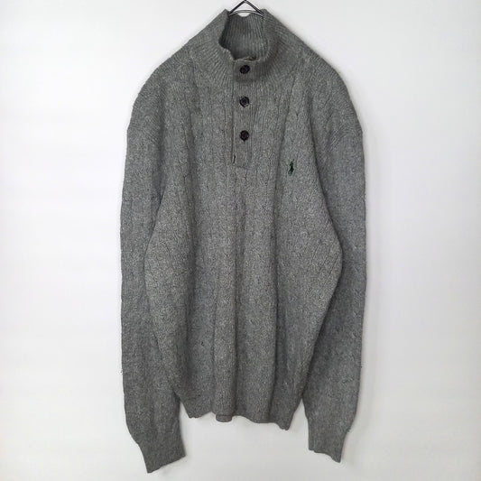 90s　ラルフローレン　ハーフジップ　シルクニット　ケーブル編み　刺繍　灰色　M