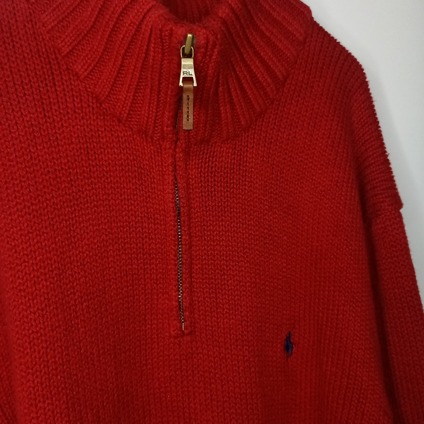 ラルフローレン　ハーフジップ　コットンニット　セーター　刺繍ロゴ　レッド　XL