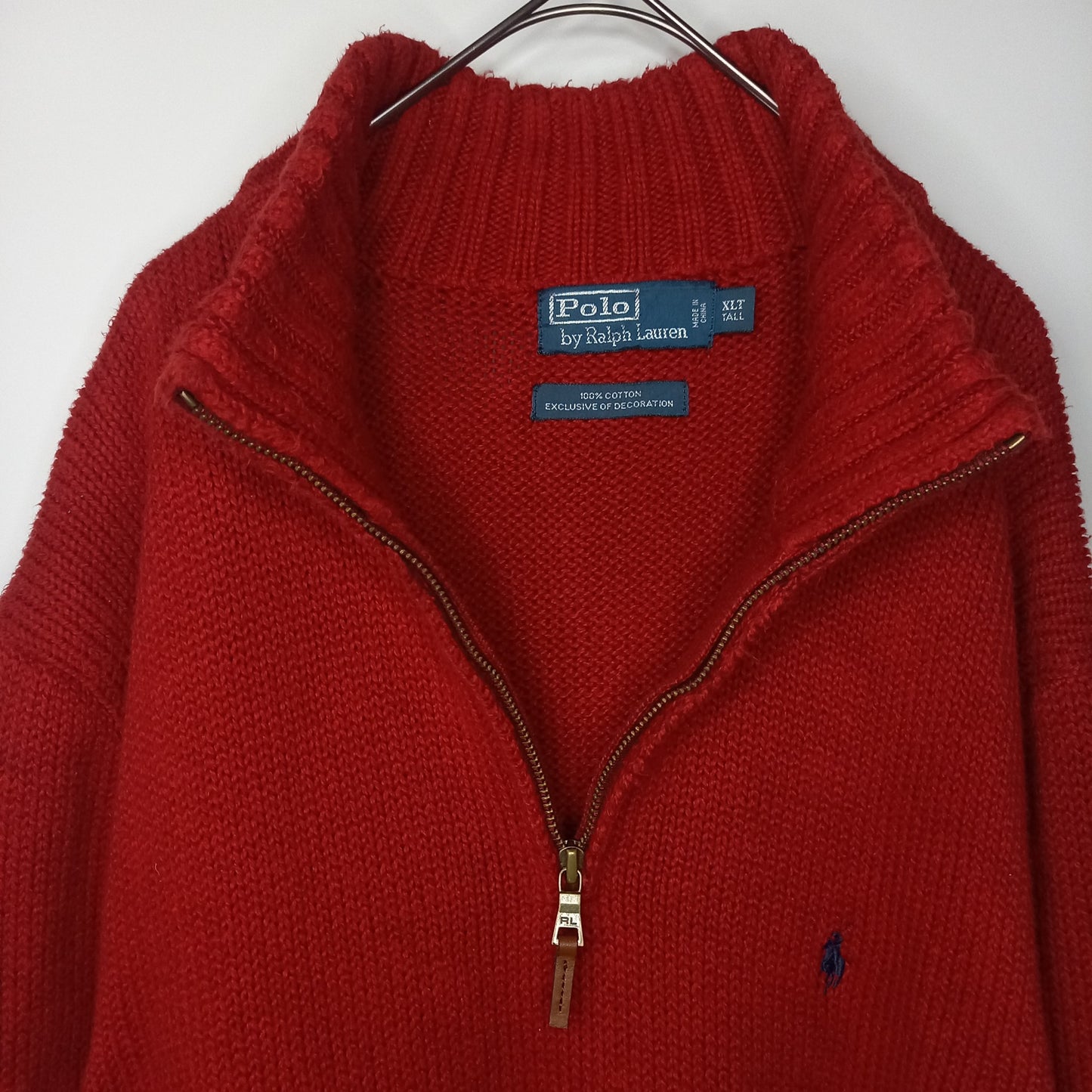ラルフローレン　ハーフジップ　コットンニット　セーター　刺繍ロゴ　レッド　XL