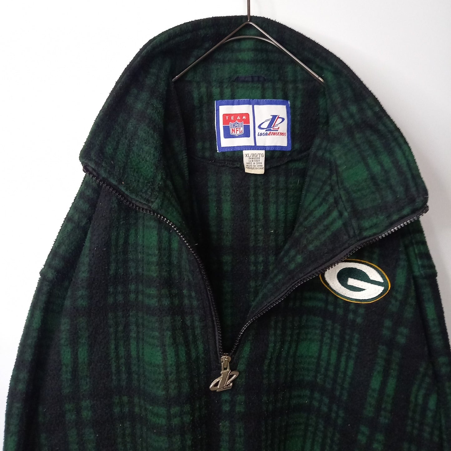 90s　NFL　ハーフジップ　フリース　ブルゾン　刺繍　チェック　グリーン　XL