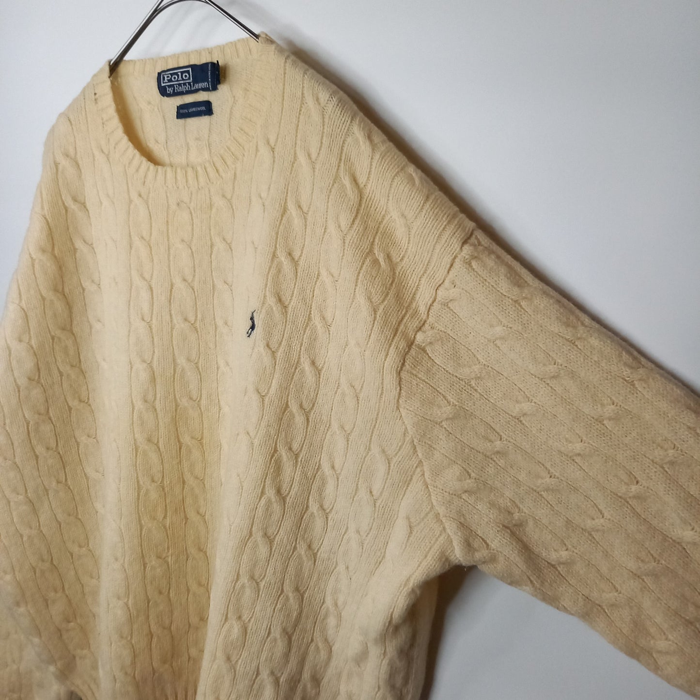 90s　ラルフローレン　ウールニット　セーター　ケーブル編み　刺繍　ホワイト　XXL
