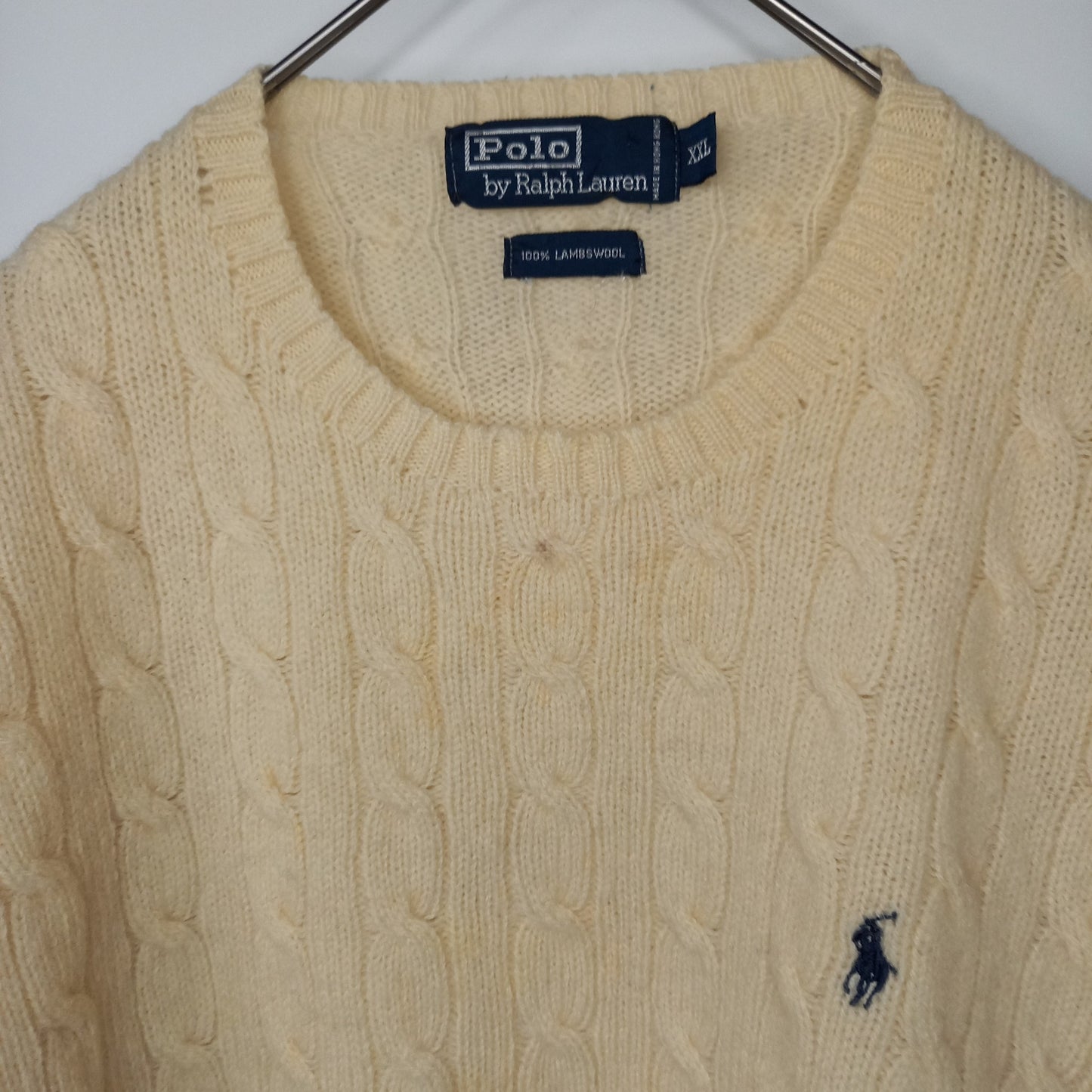 90s　ラルフローレン　ウールニット　セーター　ケーブル編み　刺繍　ホワイト　XXL