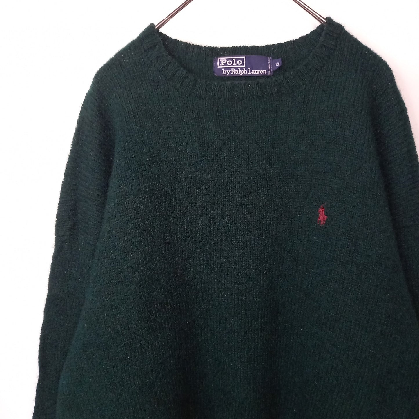90s ラルフローレン ウールニット セーター 中厚手 刺繍ロゴ グリーン 