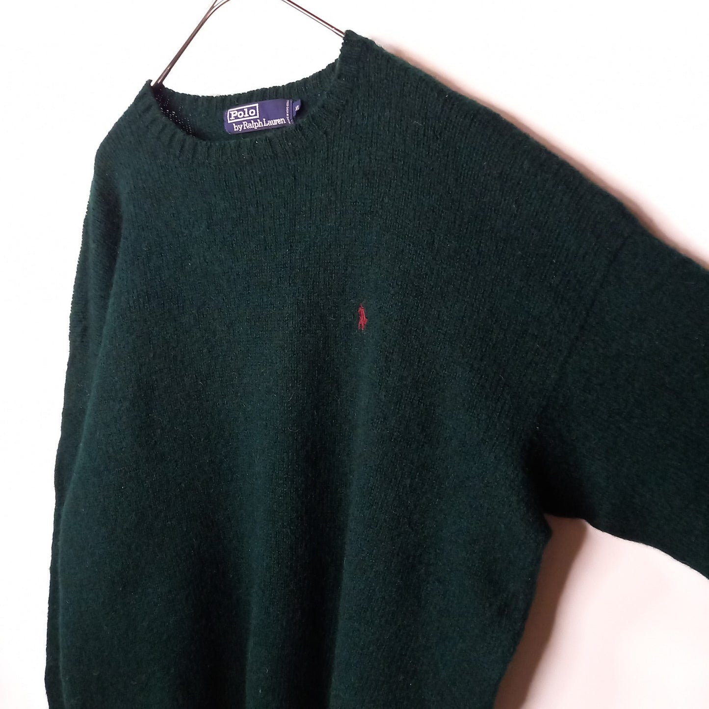90s　ラルフローレン　ウールニット　セーター　中厚手　刺繍ロゴ　グリーン　XL