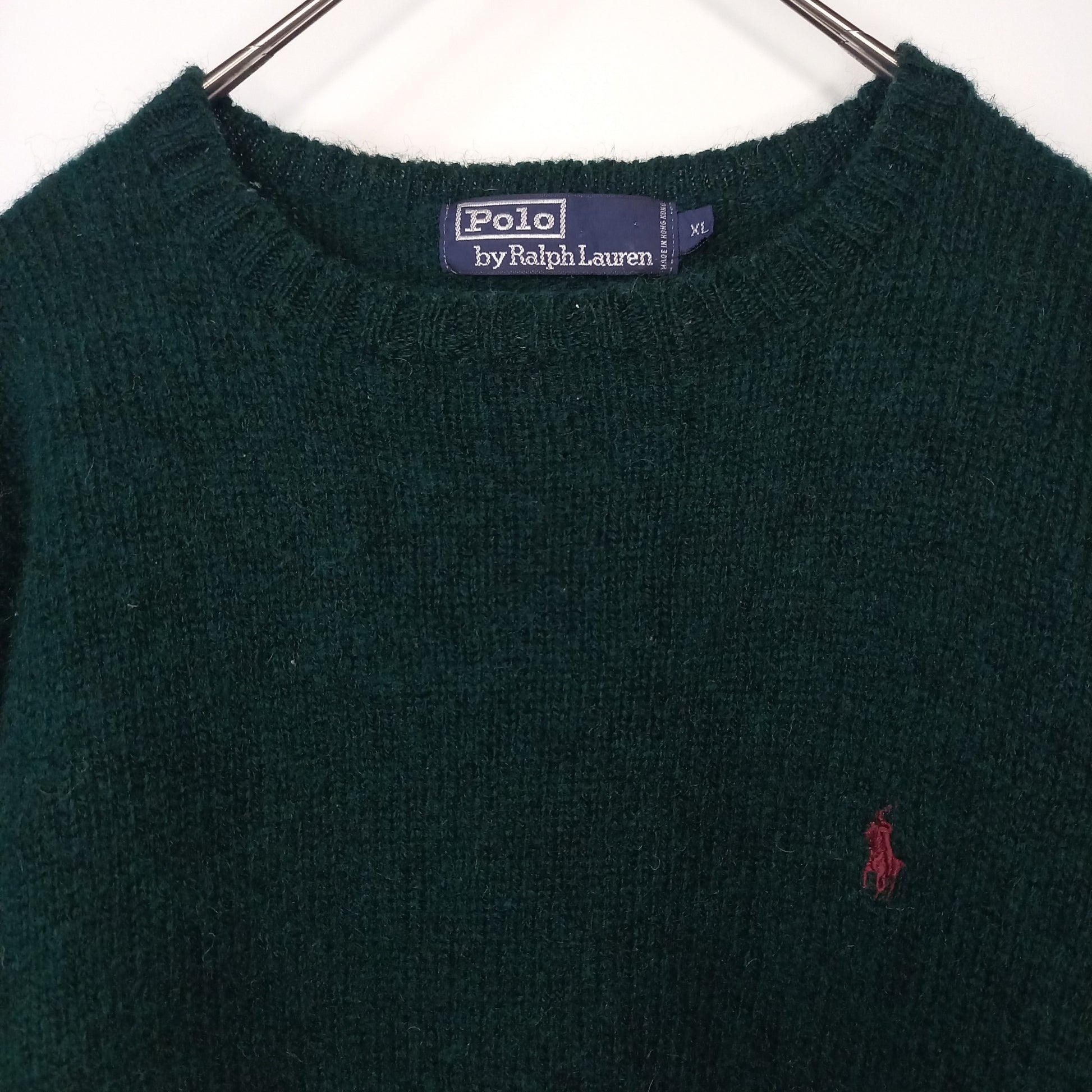 90s ラルフローレン ウールニット セーター 中厚手 刺繍ロゴ グリーン 