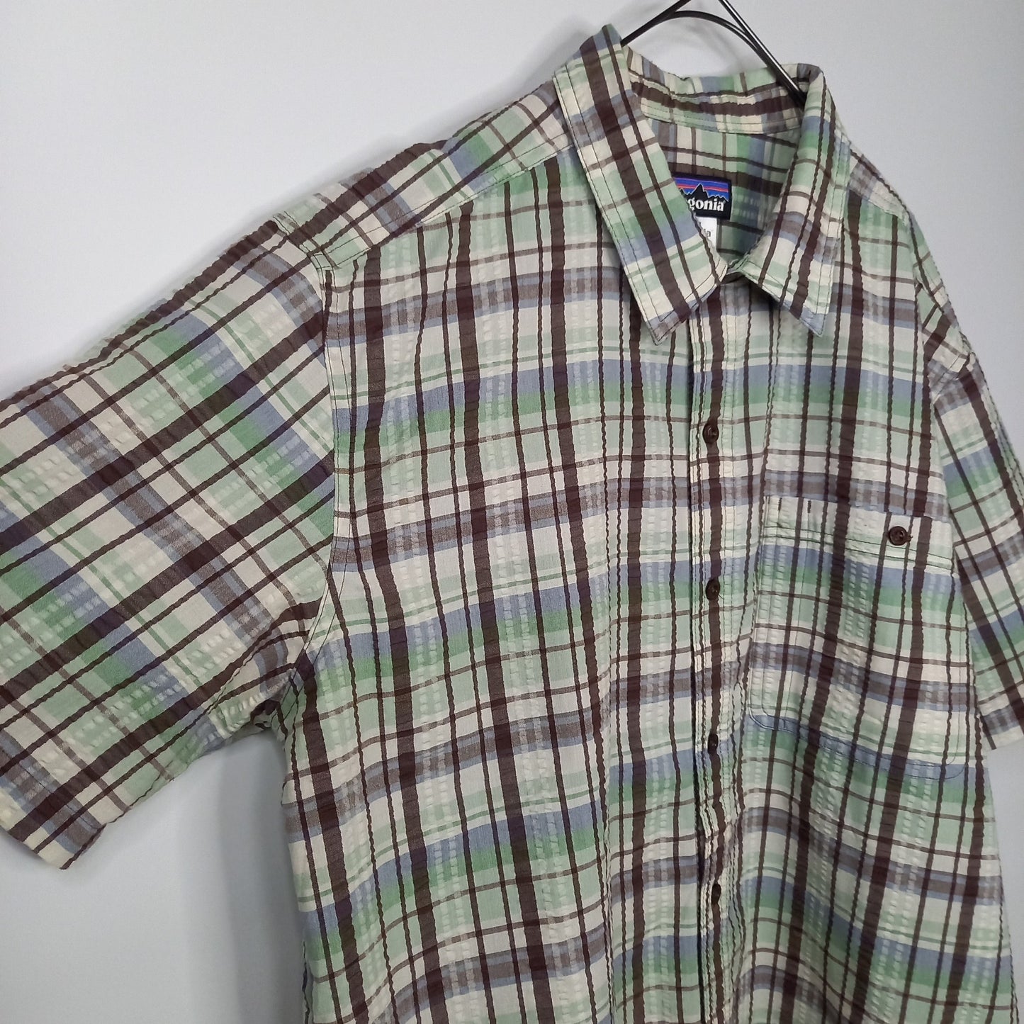 パタゴニア　A/C　シャツ　半袖　チェック　シアサッカー　刺繍　グリーン系　L