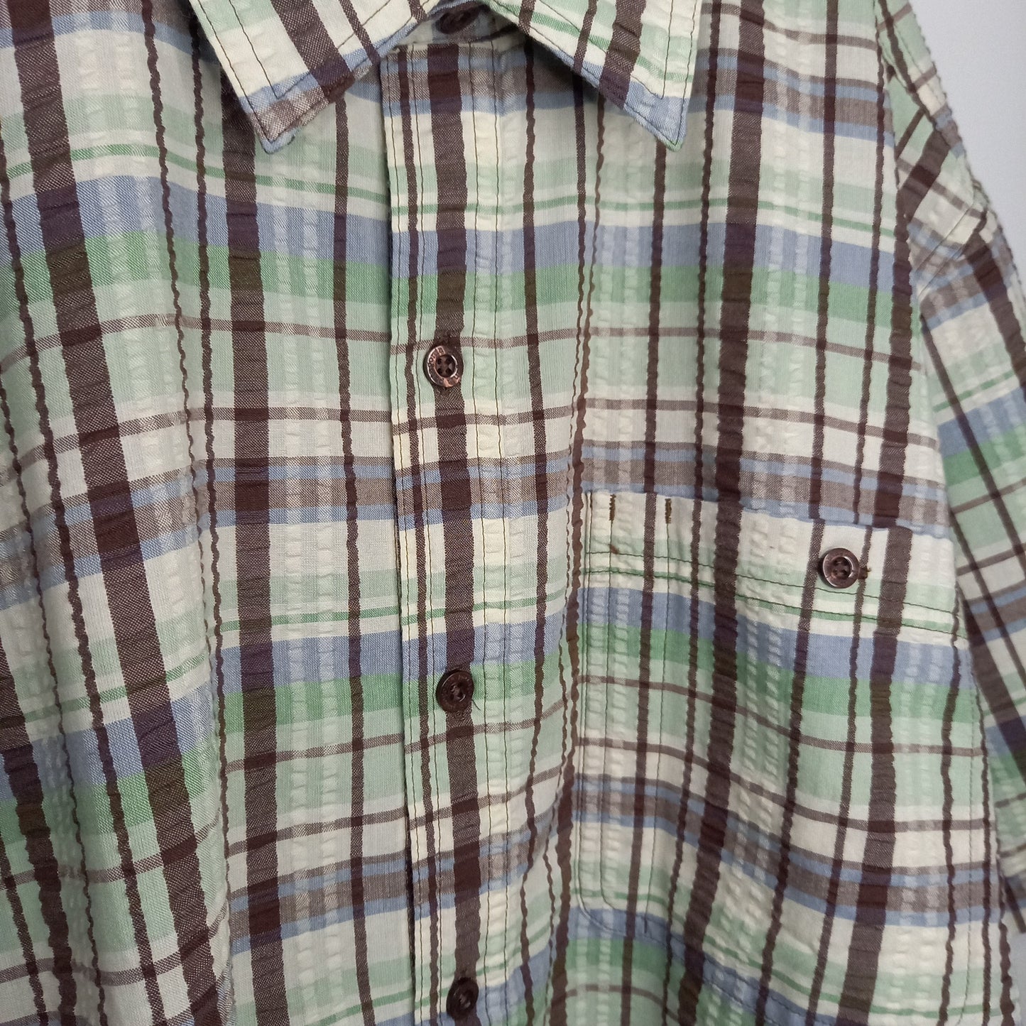パタゴニア　A/C　シャツ　半袖　チェック　シアサッカー　刺繍　グリーン系　L