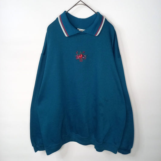 90s　ポロスウェット　ポロシャツ　トレーナー　フロント刺繍　花柄　エメラルド　青緑　L