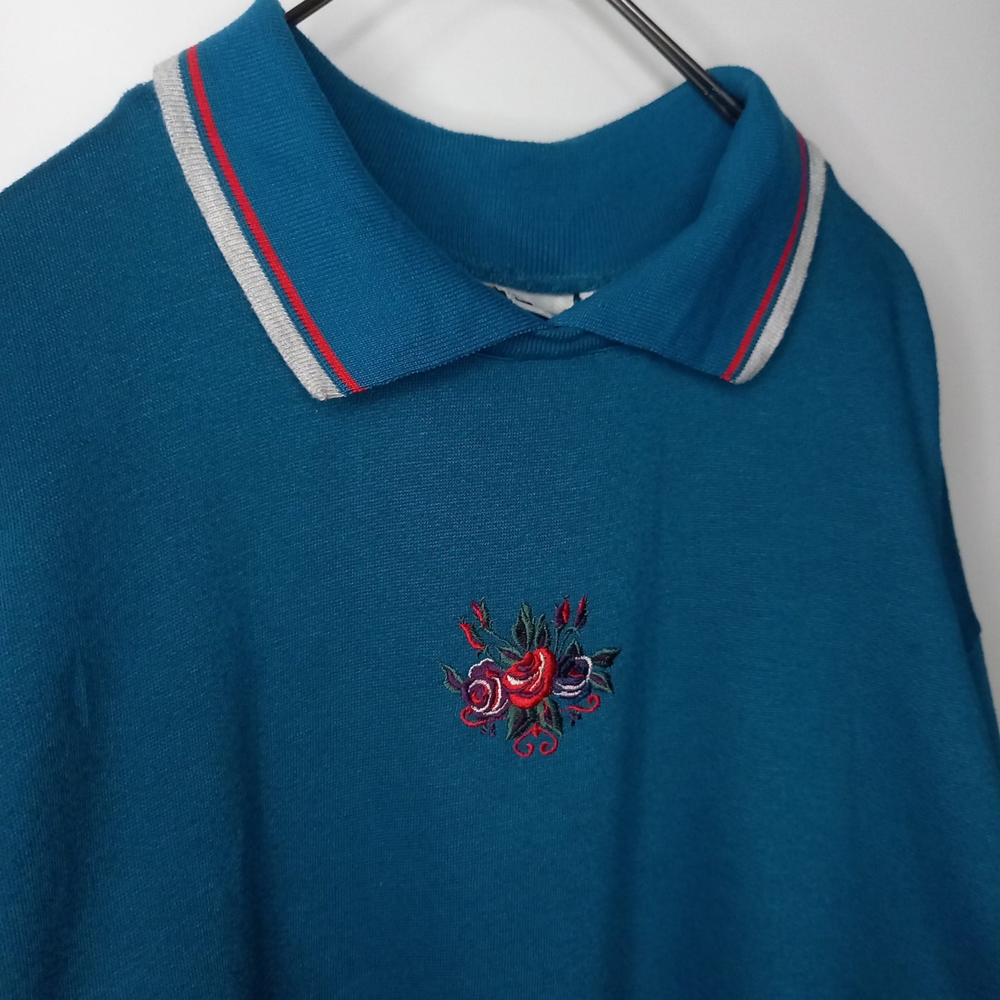 90s　ポロスウェット　ポロシャツ　トレーナー　フロント刺繍　花柄　エメラルド　青緑　L