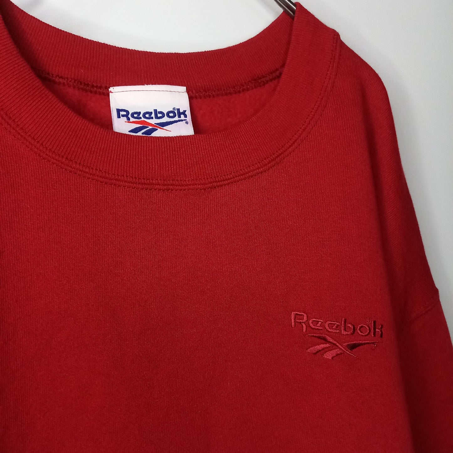 90s　アメリカ製　リーボック　スウェット　トレーナー　刺繍　同色ロゴ　レッド　赤　L