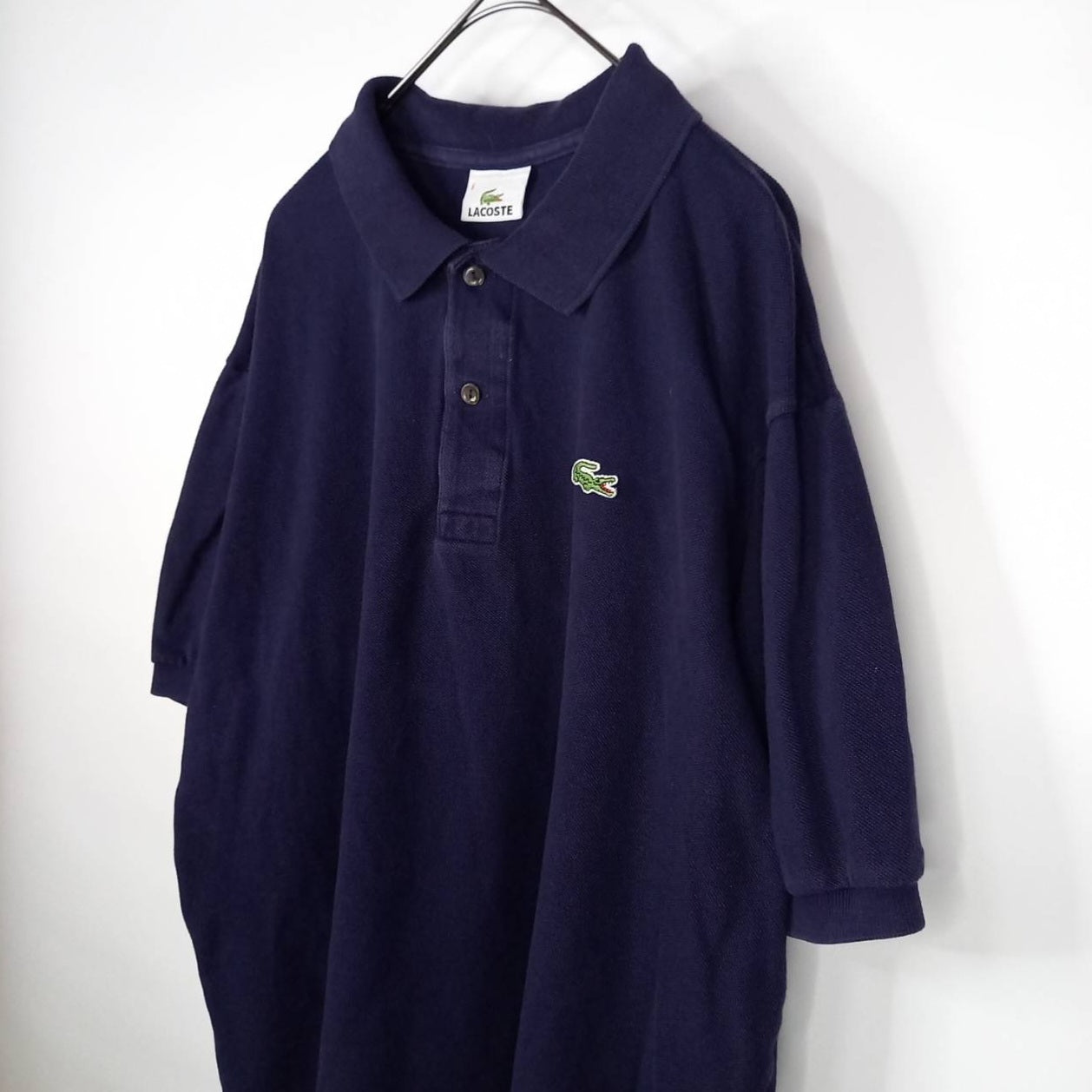 ラコステ　ポロシャツ　半袖　L1212　刺繍ロゴ　シェルボタン　ユーロ古着　ネイビー　XL