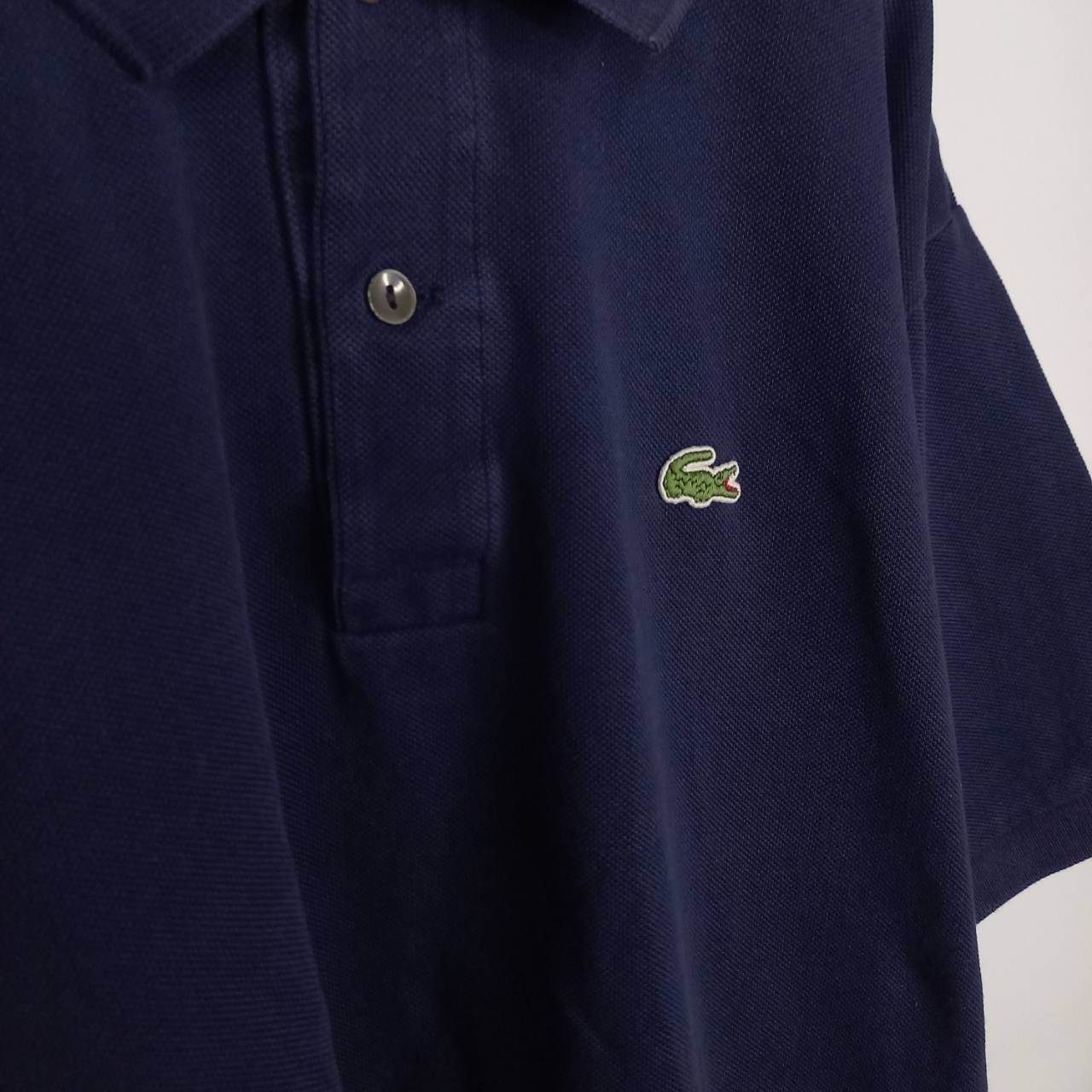 フレンチ　ラコステ　ポロシャツ　半袖　L1212　刺繍ロゴ　シェルボタン　ユーロ古着　ネイビー　XL