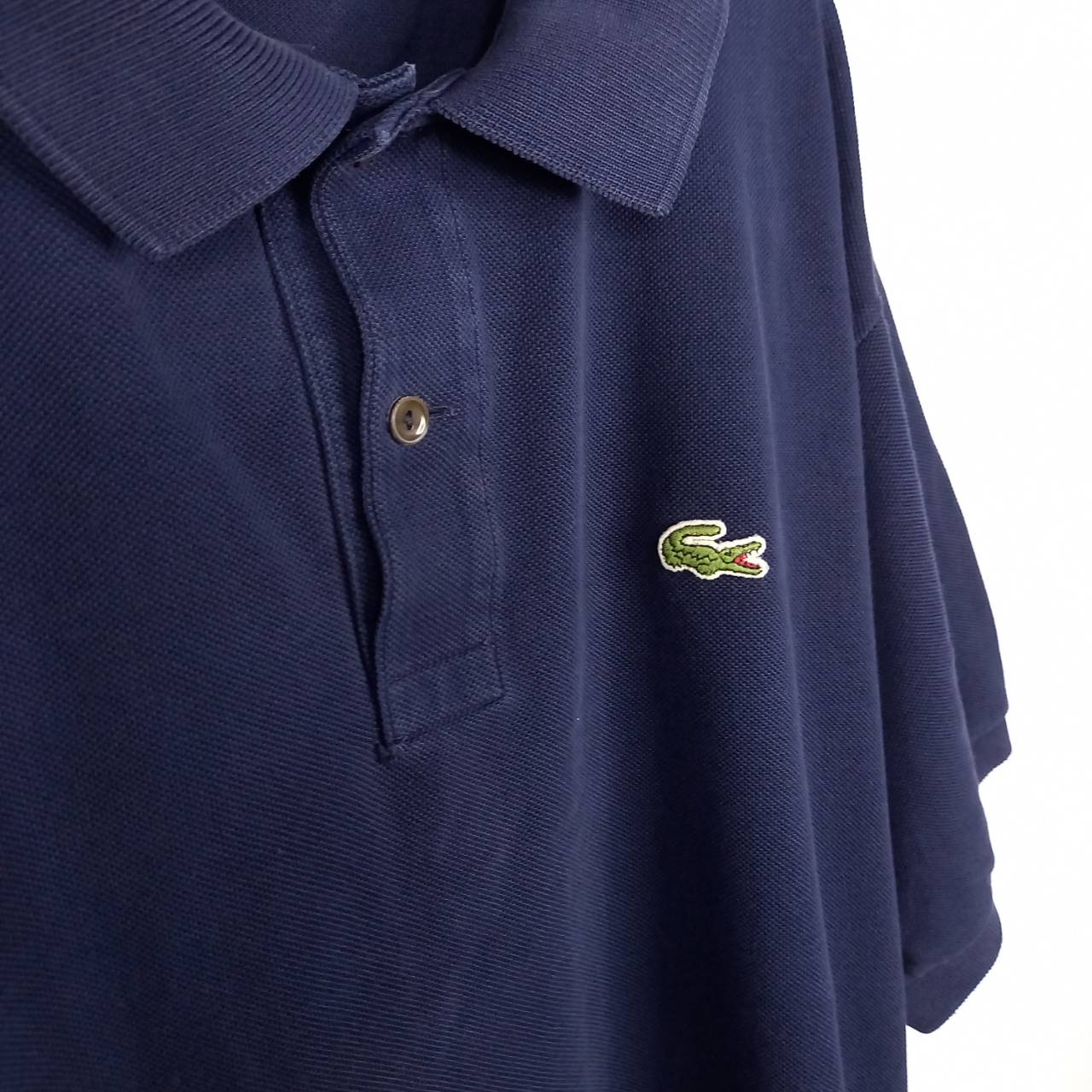 フレンチ　ラコステ　ポロシャツ　半袖　L1212　刺繍ロゴ　シェルボタン　ユーロ古着　ネイビー　2XL