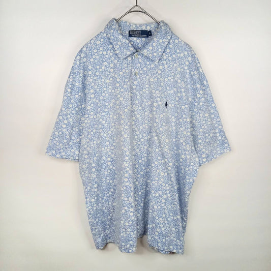 ポロバイラルフローレン　ポロシャツ　半袖　刺繍ロゴ　ポニー　花柄　ブルー　水色　L