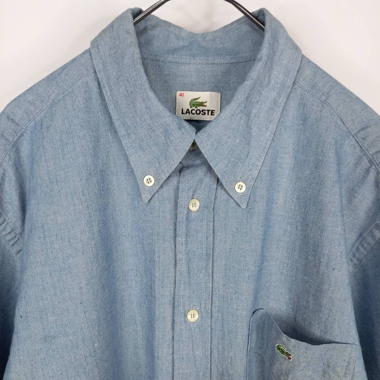 ラコステ　BDシャツ　半袖　ボタンダウン　刺繍ロゴ　無地　ポケット　ブルー　L
