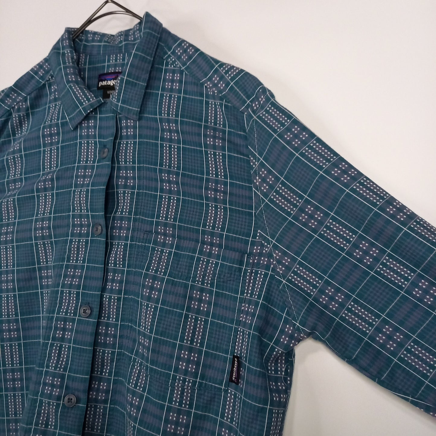 パタゴニア　シャツ　半袖　開襟シャツ　ポケット　刺繍　チェック　ブルー　M