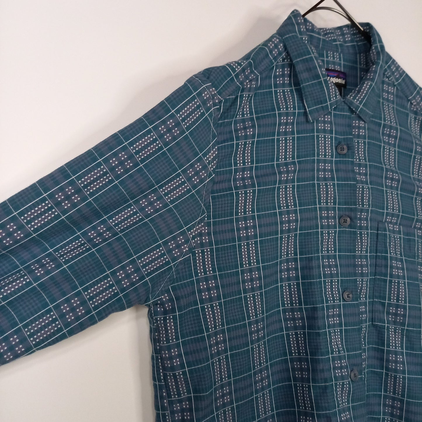 パタゴニア　シャツ　半袖　開襟シャツ　ポケット　刺繍　チェック　ブルー　M