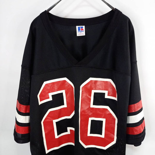 90s　アメリカ製　ラッセル　ゲームシャツ　Tシャツ　メッシュ　両面プリント　背番号　刺繍　ブラック　M