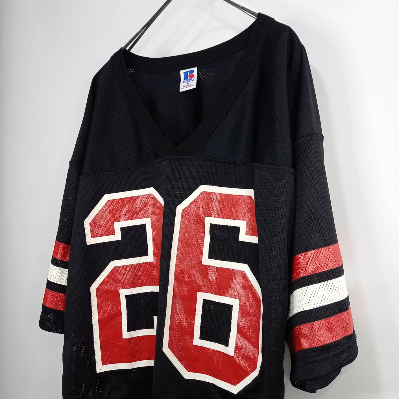 90s　アメリカ製　ラッセル　ゲームシャツ　Tシャツ　メッシュ　両面プリント　背番号　刺繍　ブラック　M