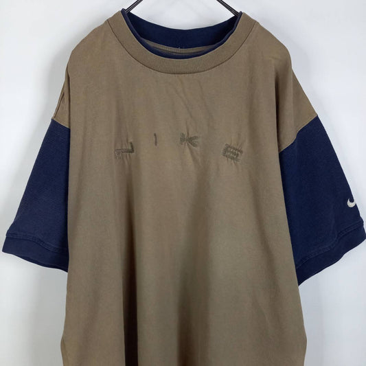 90s　ギリシャ製　ユーロナイキ　Tシャツ　半袖　刺繍　スウォッシュ　ベージュ　ネイビー　L