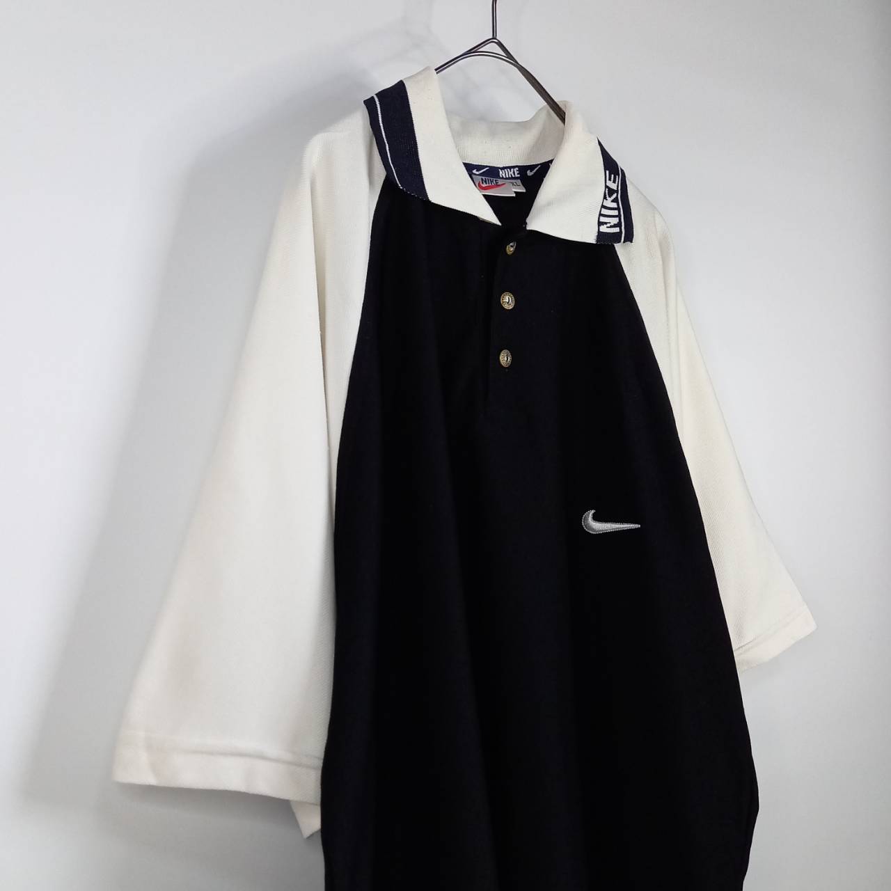 90s　ナイキ　ポロシャツ　半袖　オーバーサイズ　刺繍　銀タグ　ブラック　XL