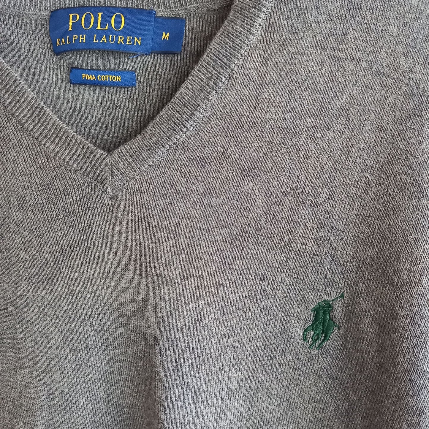 ポロラルフローレン　Vネック　ピマコットン　セーター　刺繍ロゴ　グレー　M