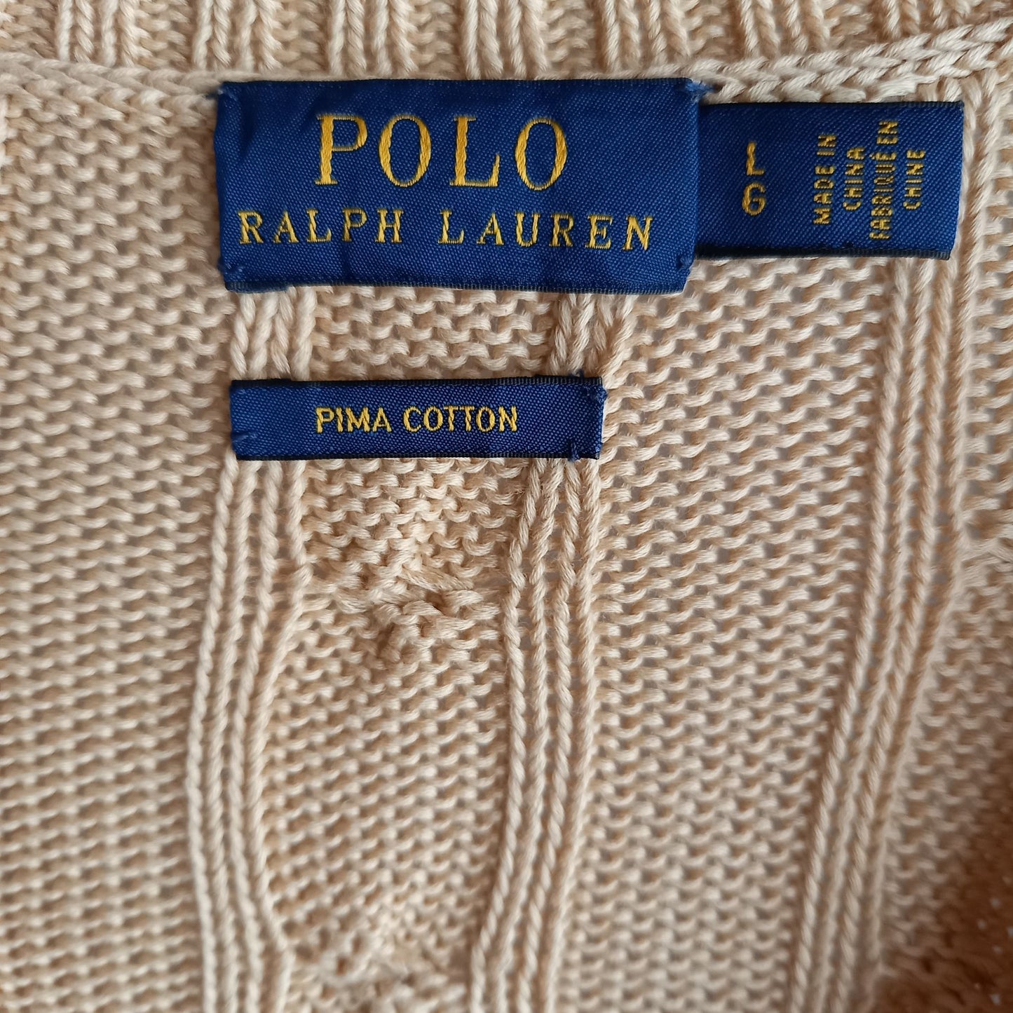ポロラルフローレン　Vネック　ケーブル編み　セーター　刺繍ロゴ　ベージュ　L/G