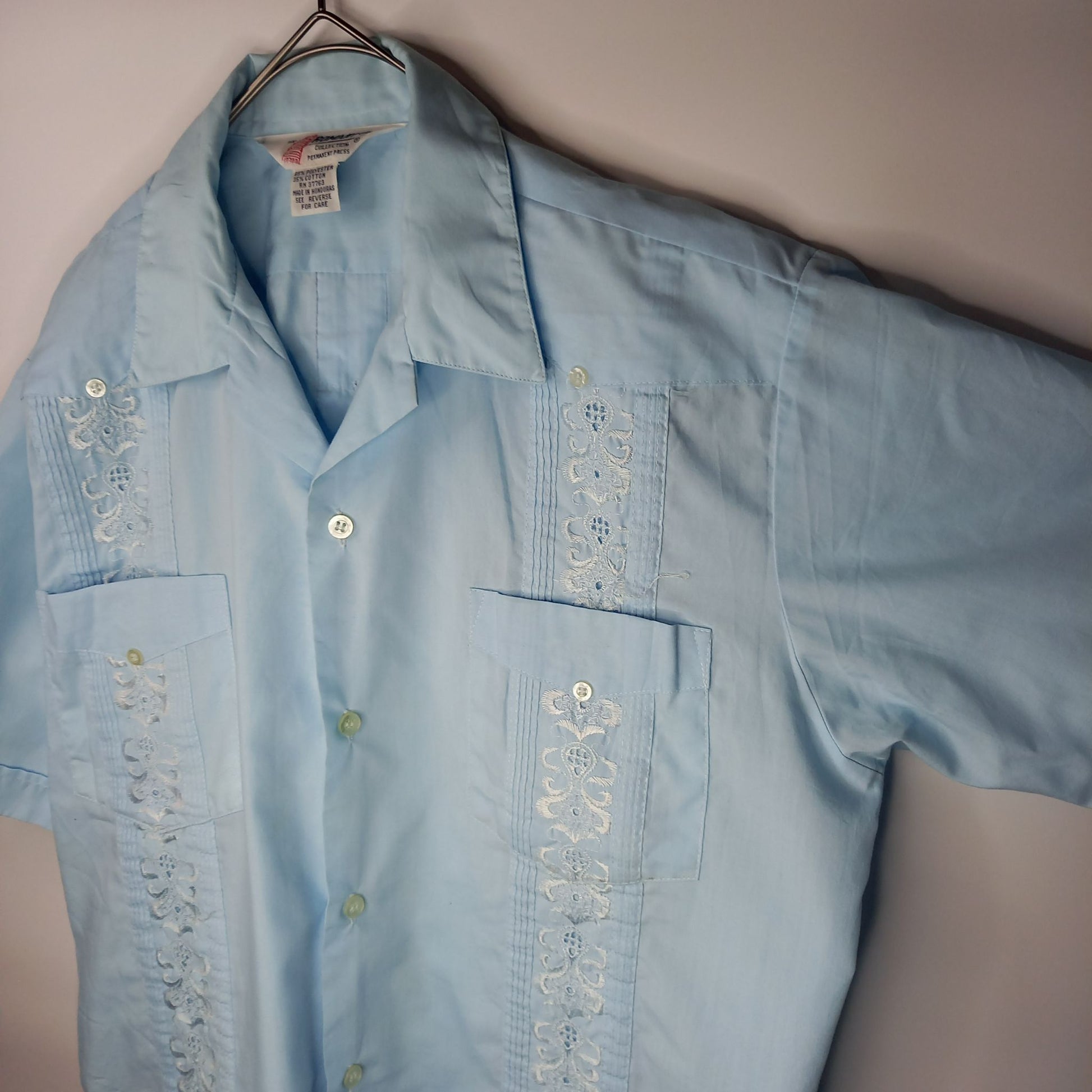 US ROMANI 開襟 キューバシャツ 半袖 ショートスリーブ プリーツ 刺繍 サイズ：メンズ XL ビッグサイズ ライトグレーメンズ