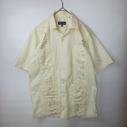 LADA　キューバシャツ　開襟　半袖　刺繍　ペールイエロー　4つポケ　M