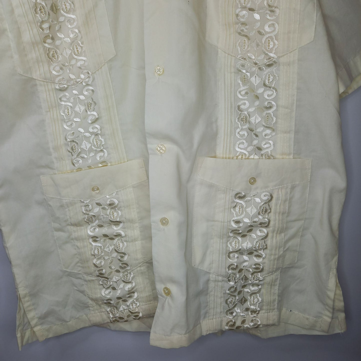 LADA　キューバシャツ　開襟　半袖　刺繍　ペールイエロー　4つポケ　M