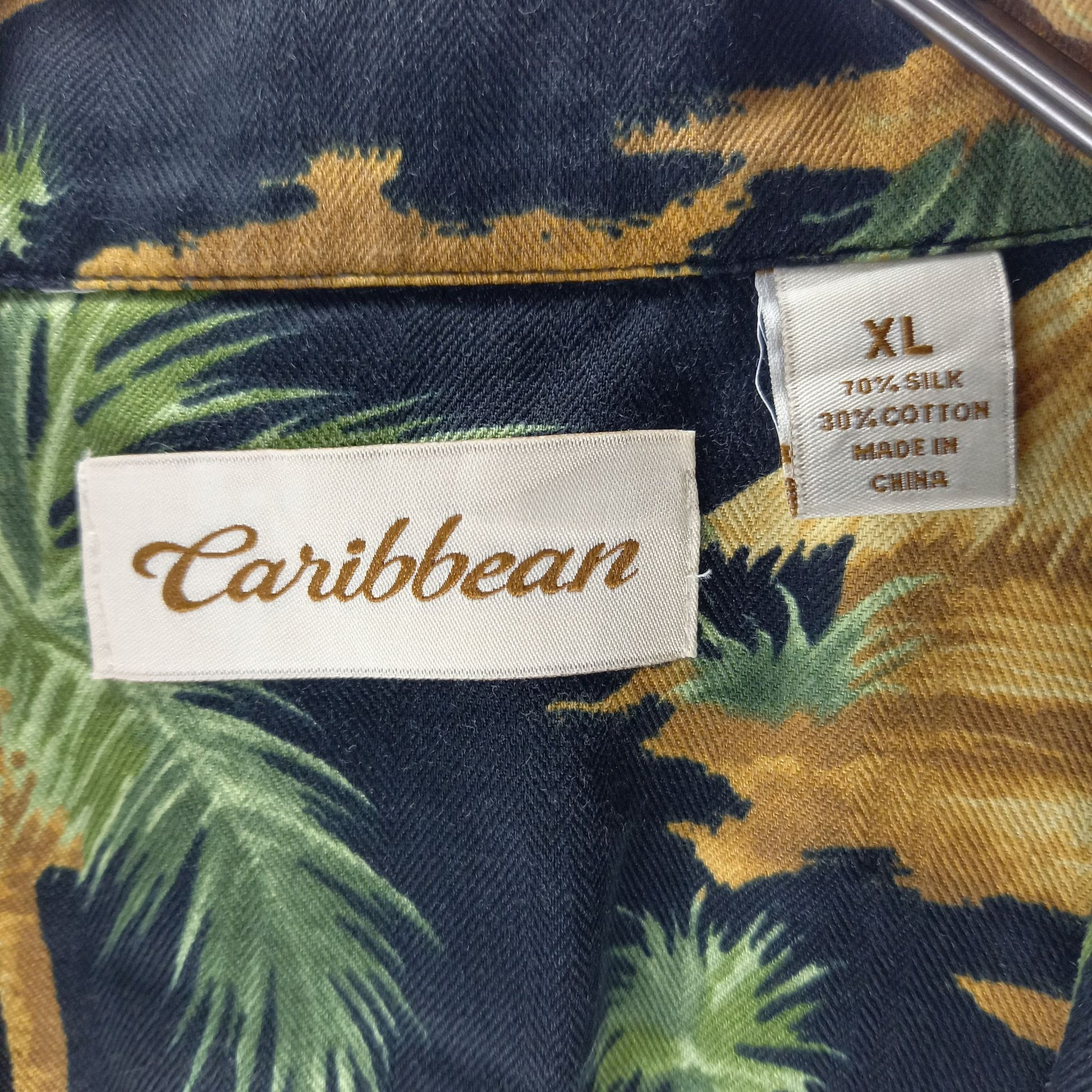 Caribbean　シルク　アロハシャツ　開襟　オーバーサイズ　半袖　黒　XL